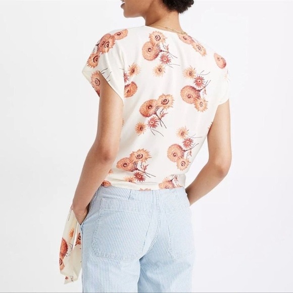 Madewell Shirt Womens Small Cream Orange Sash Tie Wrap Top Dutch Dandelion Print - Picture 10 of 10